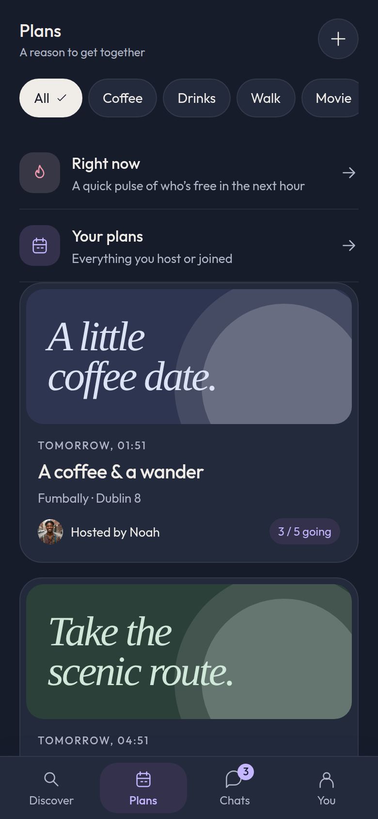 Plans nearby, with a Right now shortcut
