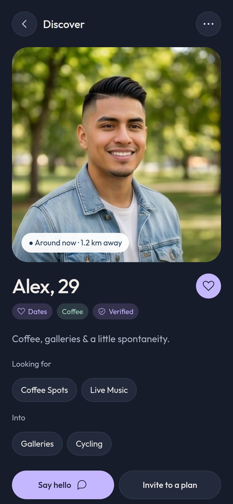 A member profile with photos, intentions and a Say hello button